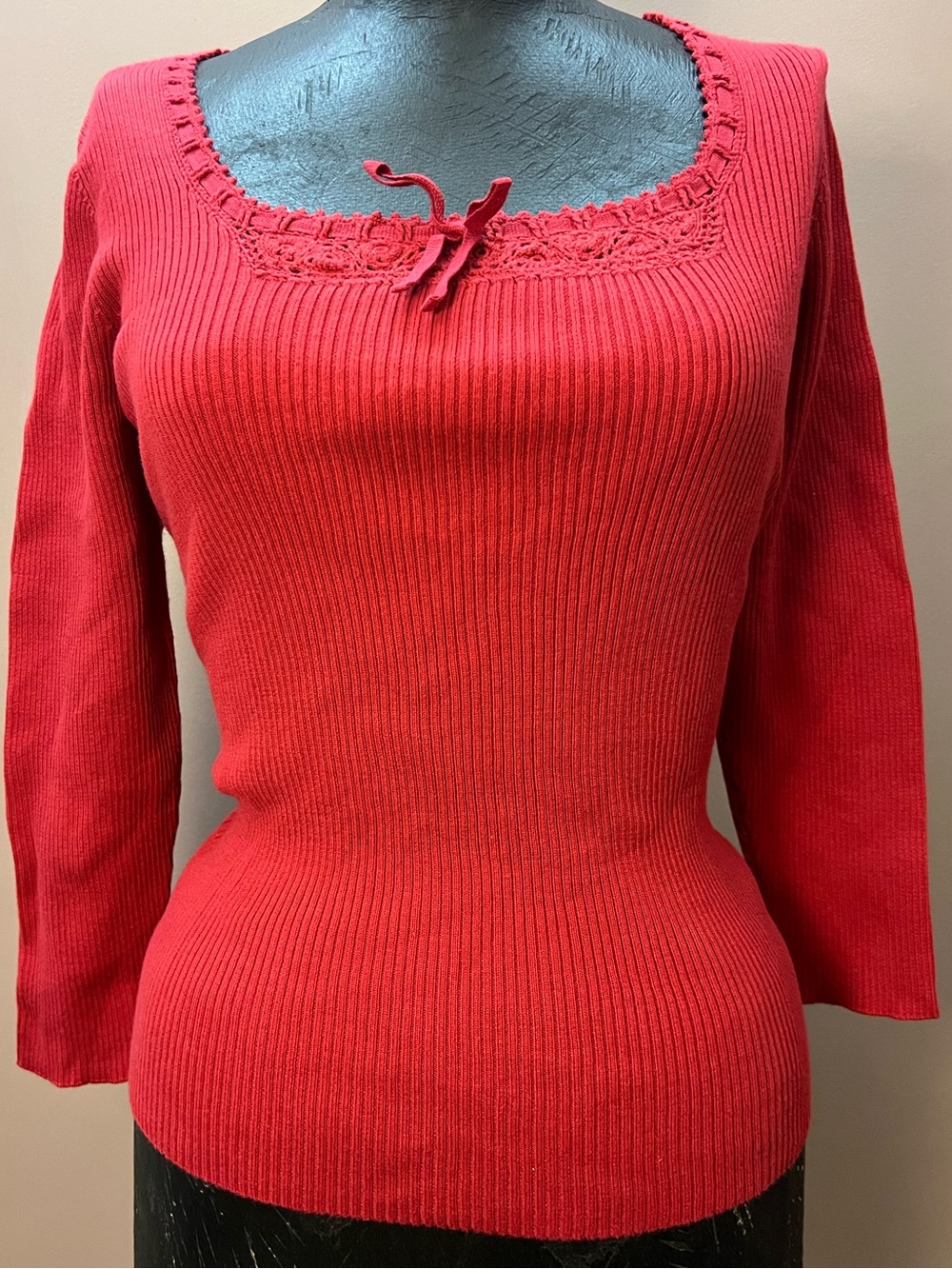 Vintage Lauren Ralph Lauren Red Crochet Lace Bow Cotton Knit Top Size S/M